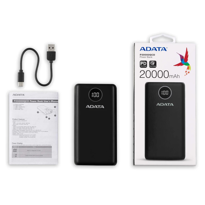 ظرفیت و طراحی پاوربانک ای دیتا مدل P20000QCD ظرفیت 20000 میلی آمپر