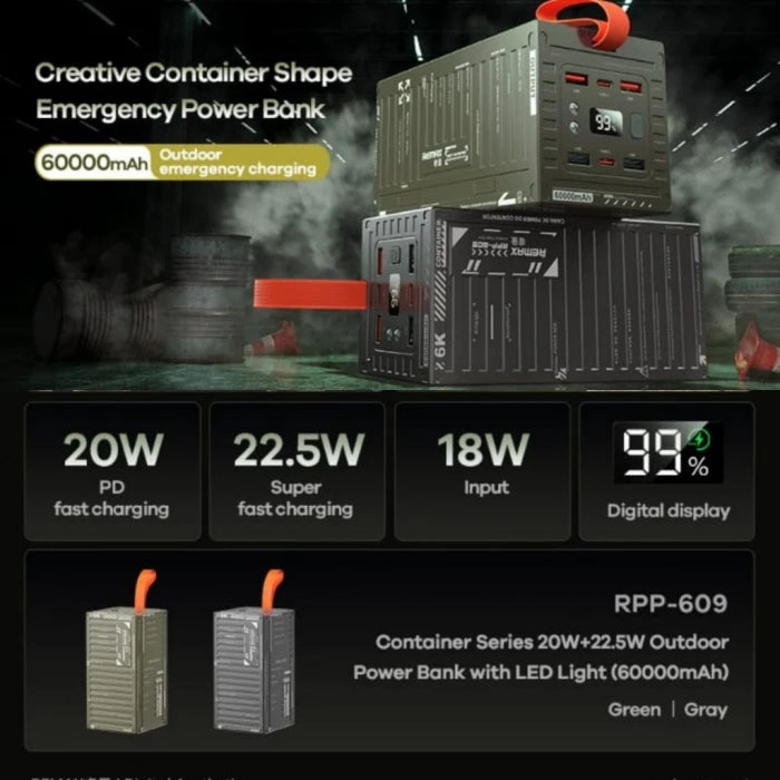 فناوری شارژ سریع و ایمنی پاوربانک ریمکس مدل RPP-609 ظرفیت 60000 میلی آمپر